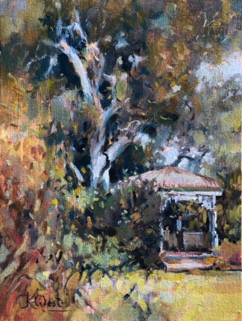 Oil painting of Millers homestead. Pergola with people.